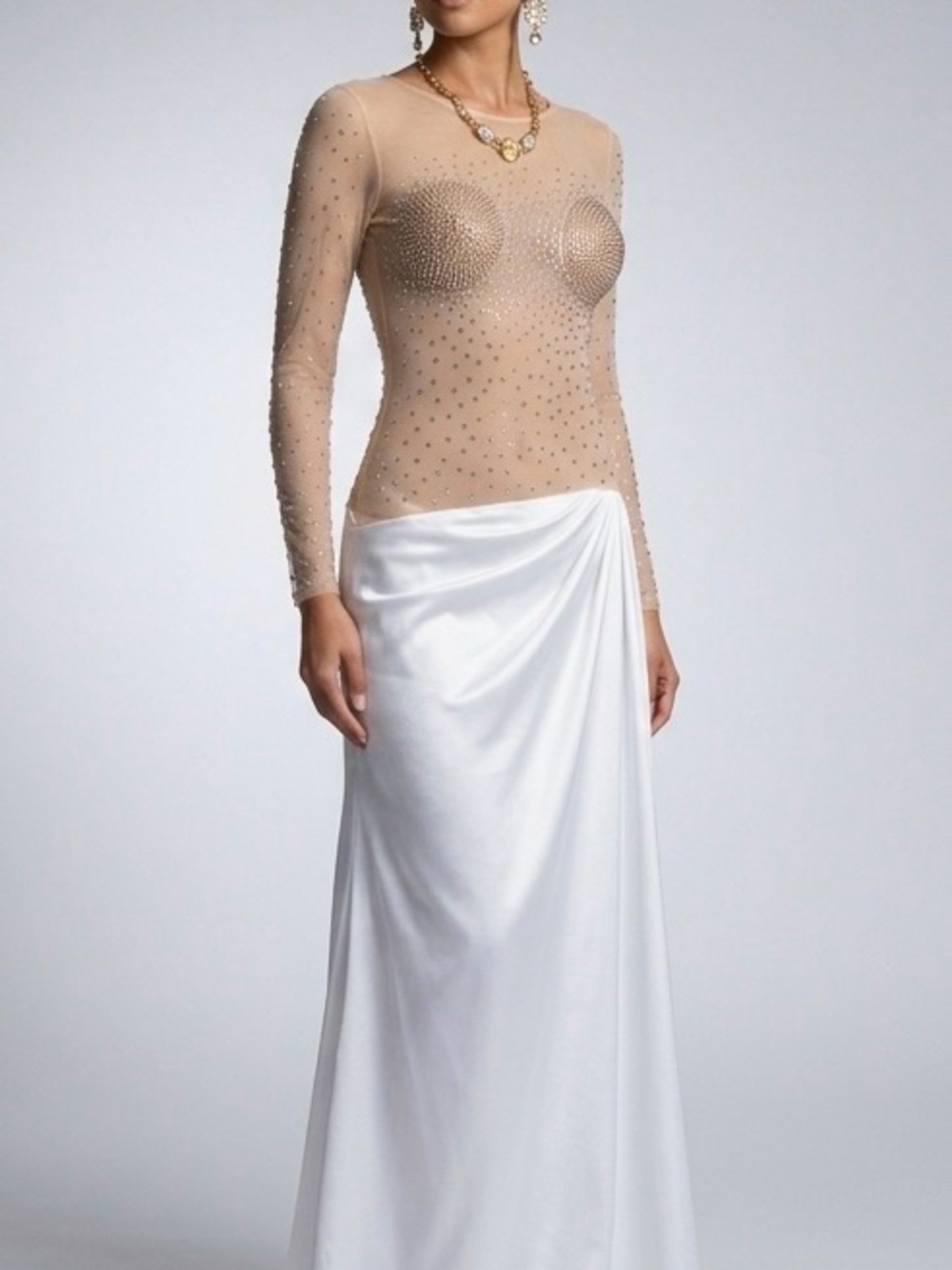 Sheer illusion Embellished white wedding/Evening gown with jewelry set